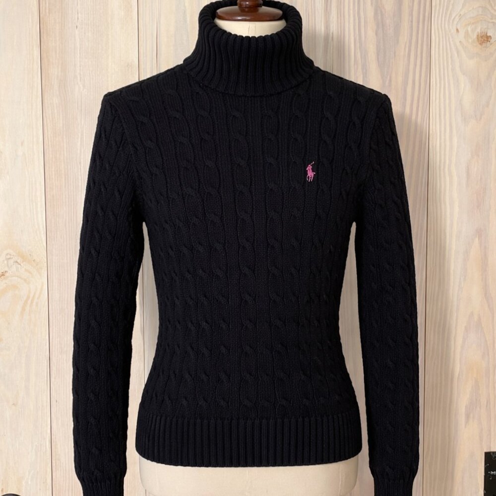 Ralph Lauren Sport Cable Knit Turtleneck Sweater Black Pink Pony Size M Preppy